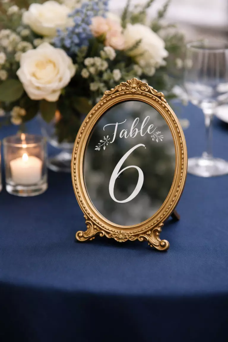 A realistic photo of a small gold rimmed mirror with hand written white calligraphy numbers sitting on a navy blue tablecloth.