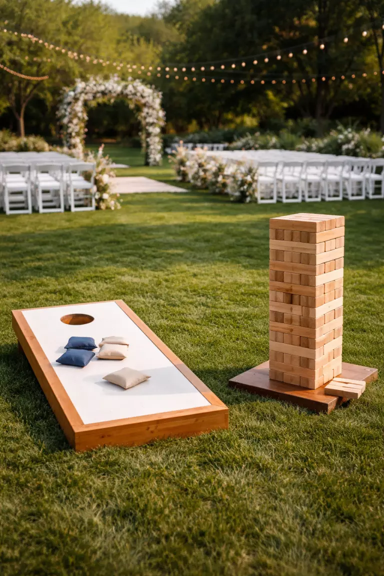 A realistic photo of an outdoor wedding lawn with a large wooden cornhole set and a giant wooden jingle tower set up on green grass.