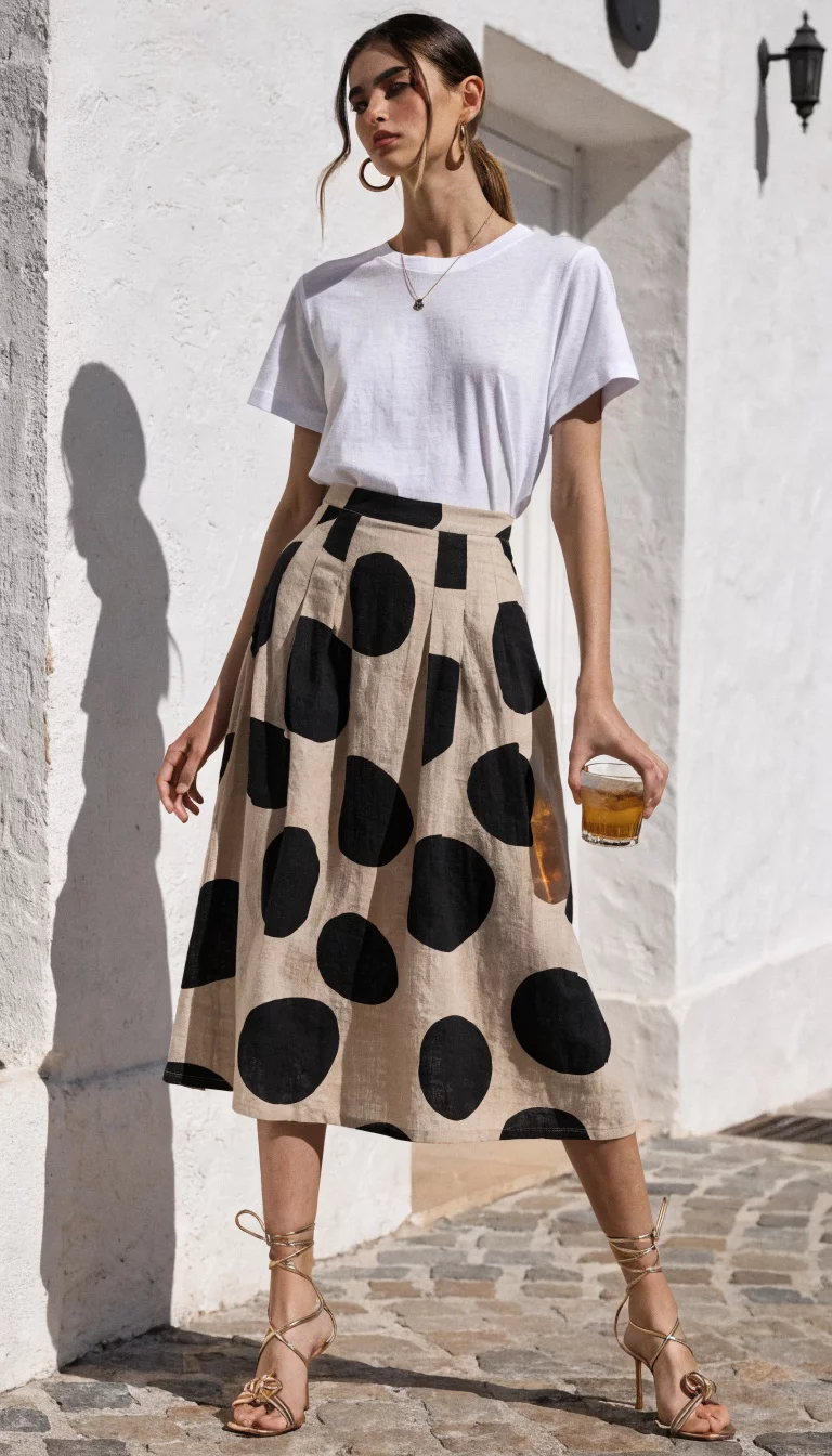 Spotted Midi And Gold Sandals A beautiful woman in a white t-shirt, a beige spotted midi skirt, and metallic gold sandals, standing against a white wall.