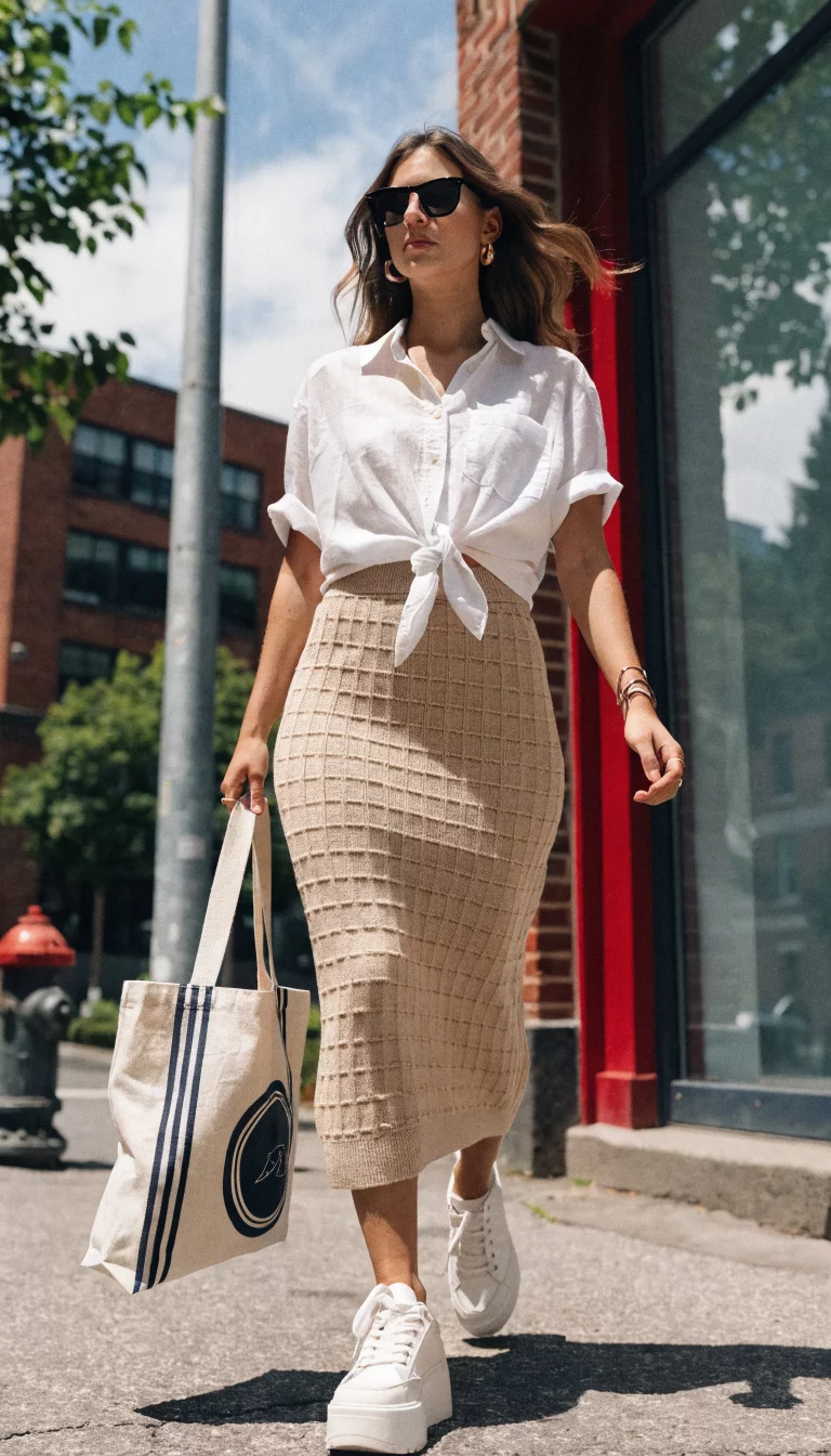 Knit Skirts And Platform Sneakers A beautiful woman in a knotted white short sleeve button down shirt, a beige knit midi skirt, a logo tote bag, and white platform sneakers, on city pavement.