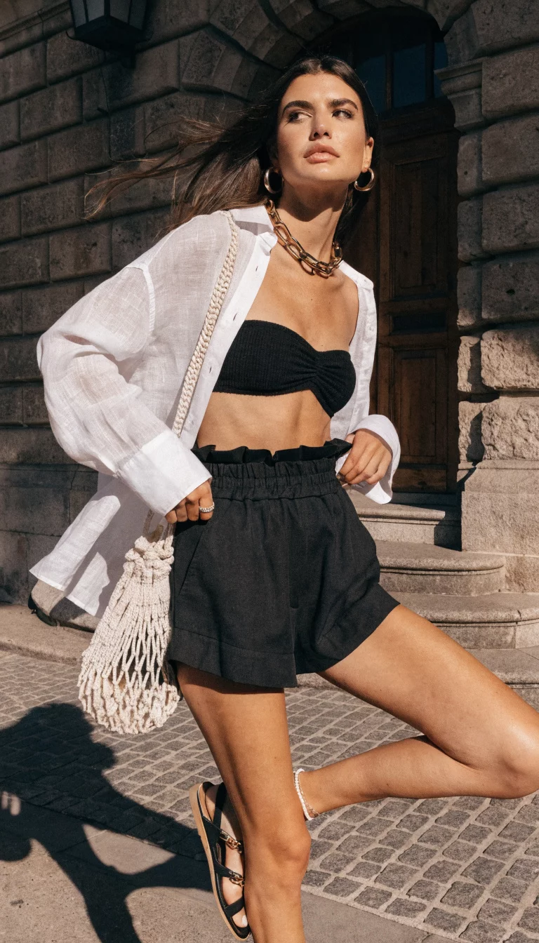 A beautiful woman in a black bandeau top, black shorts, an open white shirt, and a net style bag, posing outdoors in front of a stone building.
