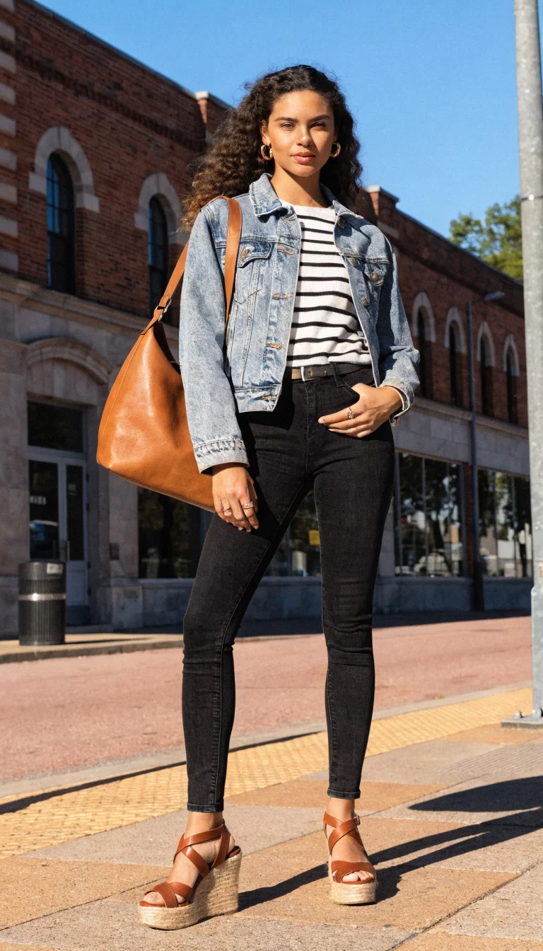 A beautiful woman in a light wash denim jacket, white and black striped top, black skinny jeans, brown wedge sandals, and a large tan shoulder bag, standing outdoors.