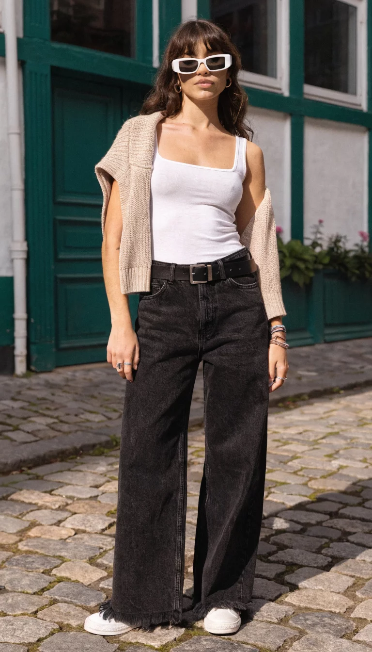 A beautiful woman in a white square-neck tank top, wide-leg black jeans, a beige sweater draped over her shoulders, and a black belt, standing on cobblestones.