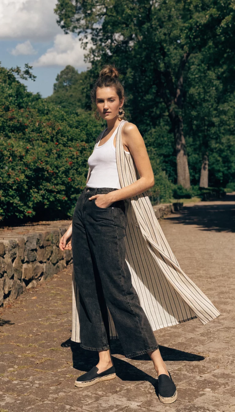 A beautiful woman in a white tank top, dark cropped wide-leg jeans, black espadrille loafers, and a long striped duster coat, standing outdoors near greenery.