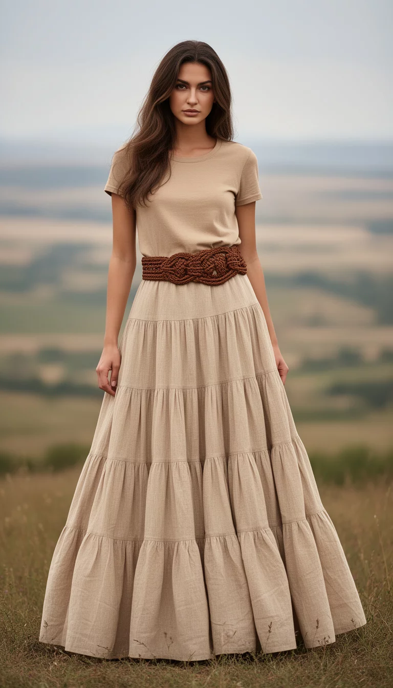 A beautiful woman against a blurred landscape, wearing a beige t-shirt, an elaborate woven brown belt, and a voluminous tiered beige maxi skirt.
