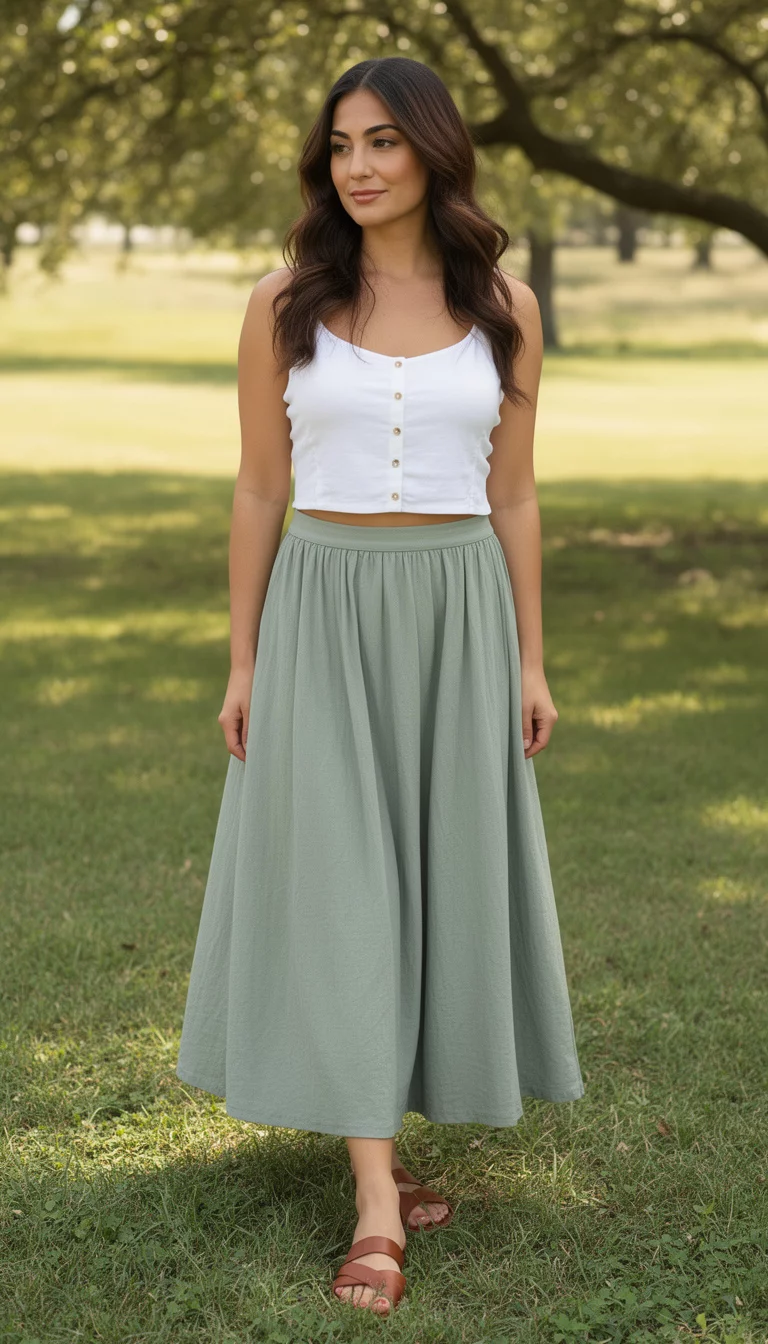 A beautiful woman standing in a grassy area wearing a white button-front cropped cami, a flowy sage green midi skirt, and brown flat sandals.