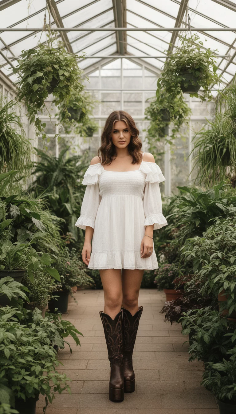 A beautiful woman in a white bohemian mini-dress with ruffled sleeves and tall dark brown platform cowboy boots, standing inside a greenhouse.