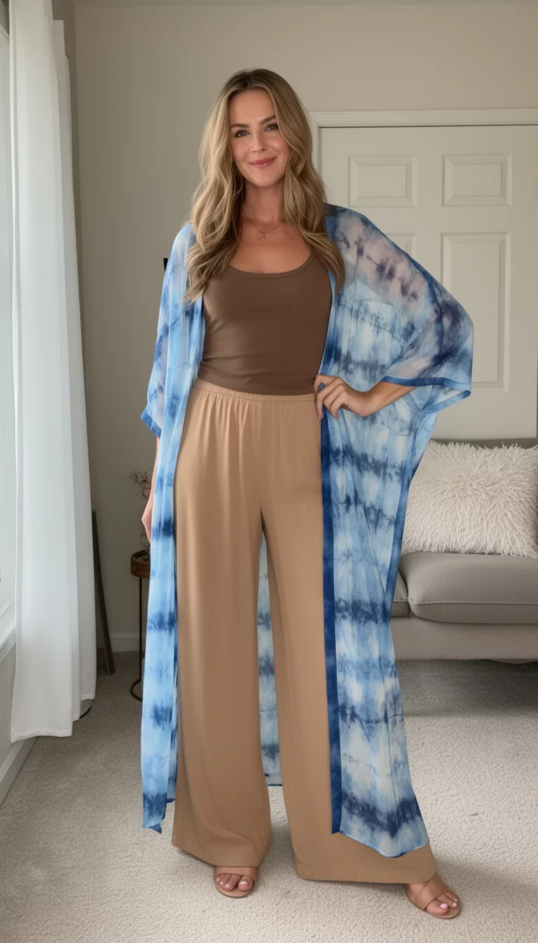 A beautiful woman showing off a sheer tie-dye inspired blue and white kimono over a brown tank top and tan wide-leg pants, posing in a room.