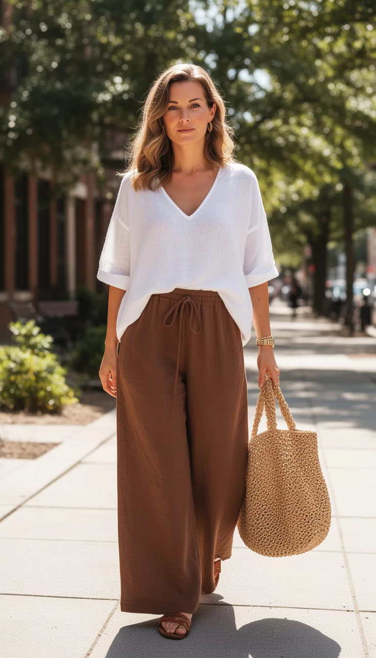 A beautiful woman on a sunny sidewalk wearing a loose white v-neck linen top, brown wide-leg drawstring pants, and carrying a large woven tote bag.