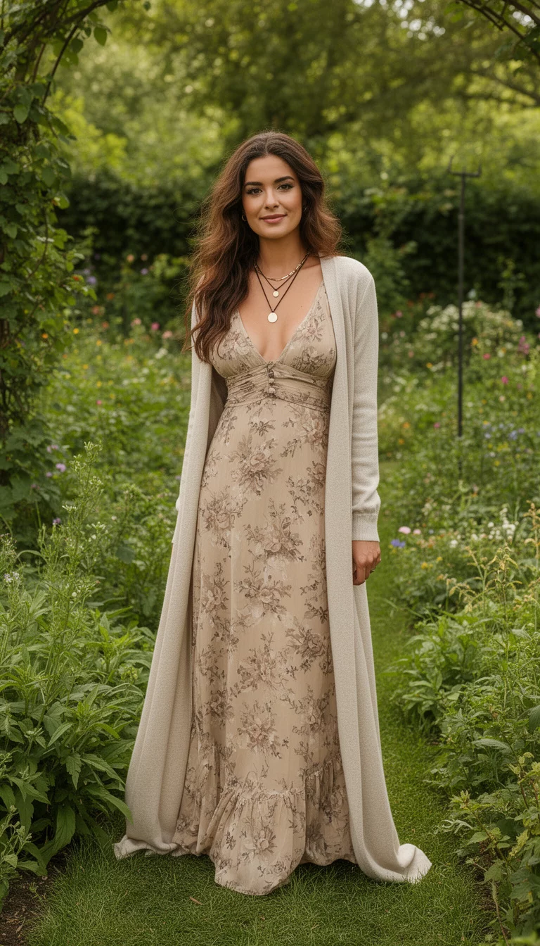 A beautiful woman in a beige floral print maxi dress with a low neckline, layered necklaces, and a long light beige cardigan, standing in a lush green garden.