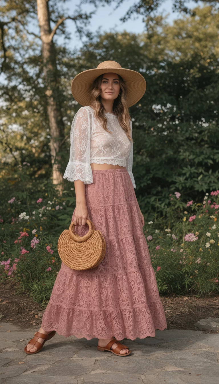 A beautiful woman in a wide-brim hat, white sheer lace crop top, dusty rose tiered lace maxi skirt, and brown sandals, holding a circular straw bag outdoors.