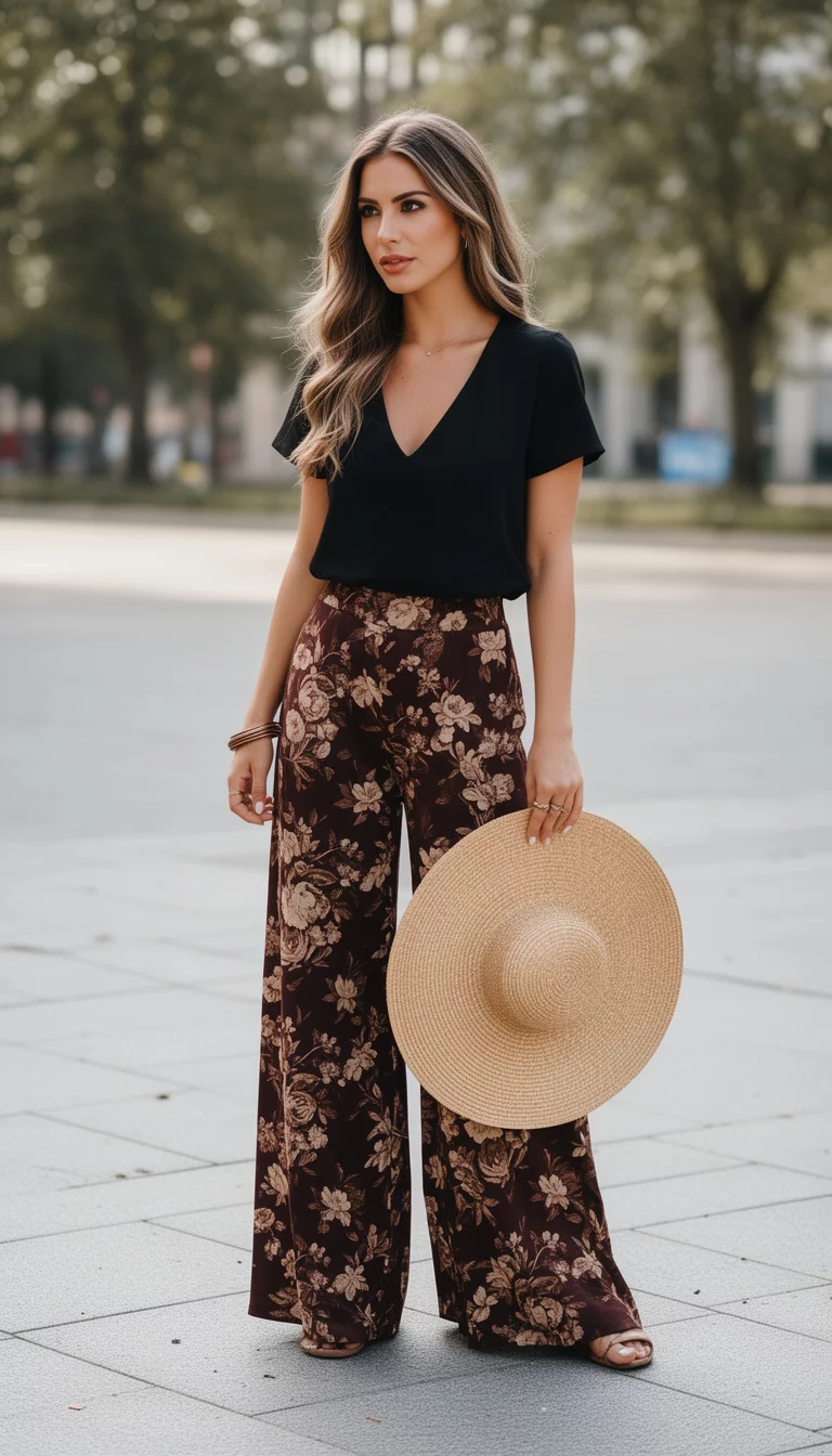 A beautiful woman wearing a black v-neck top, dark brown floral wide-leg pants, and holding a large round straw-like hat, standing on pavement.