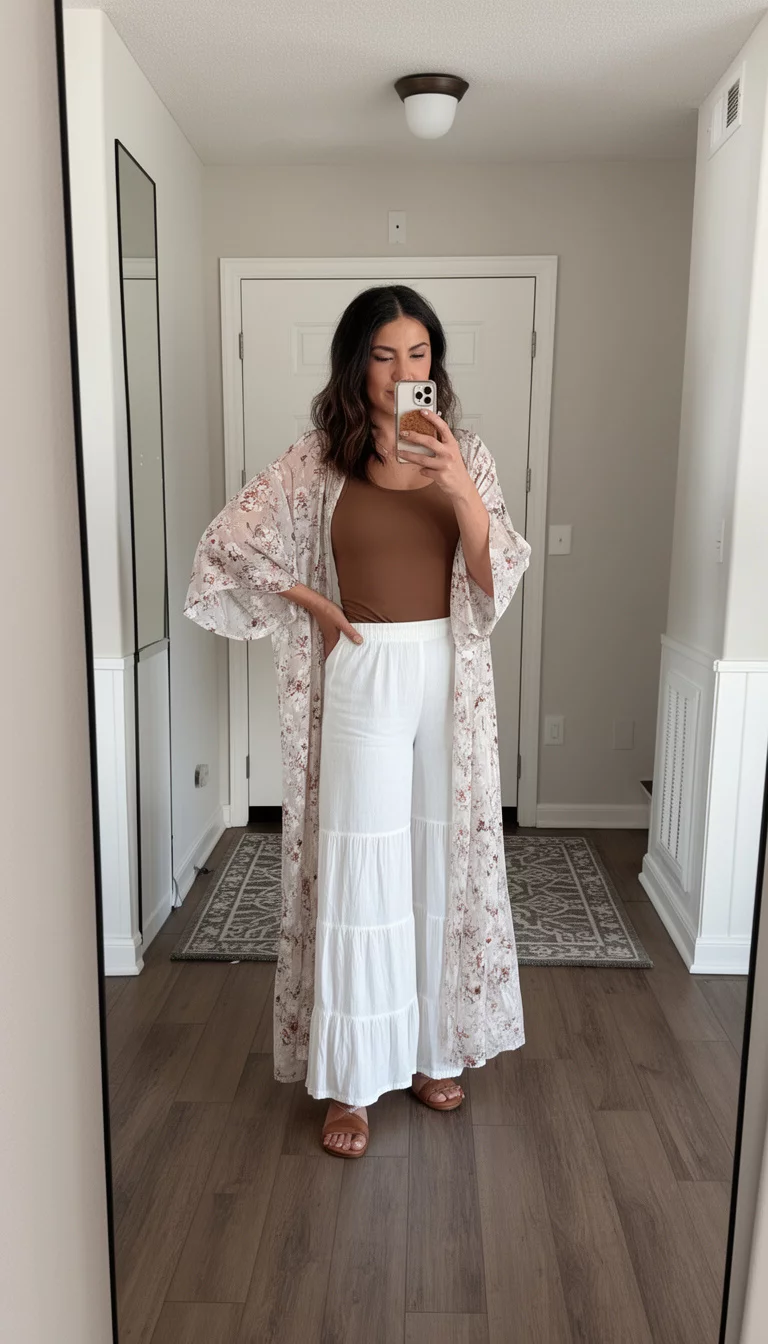 A beautiful woman in a brown tank top, white tiered wide-leg pants, and a long light-colored floral print kimono, taking a mirror selfie in an entryway.