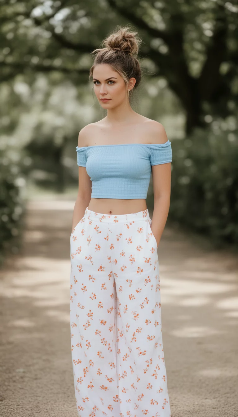 A beautiful woman with her hair in a high messy bun wears a light blue off-the-shoulder crop top and white wide-leg pants with a small orange floral print.
