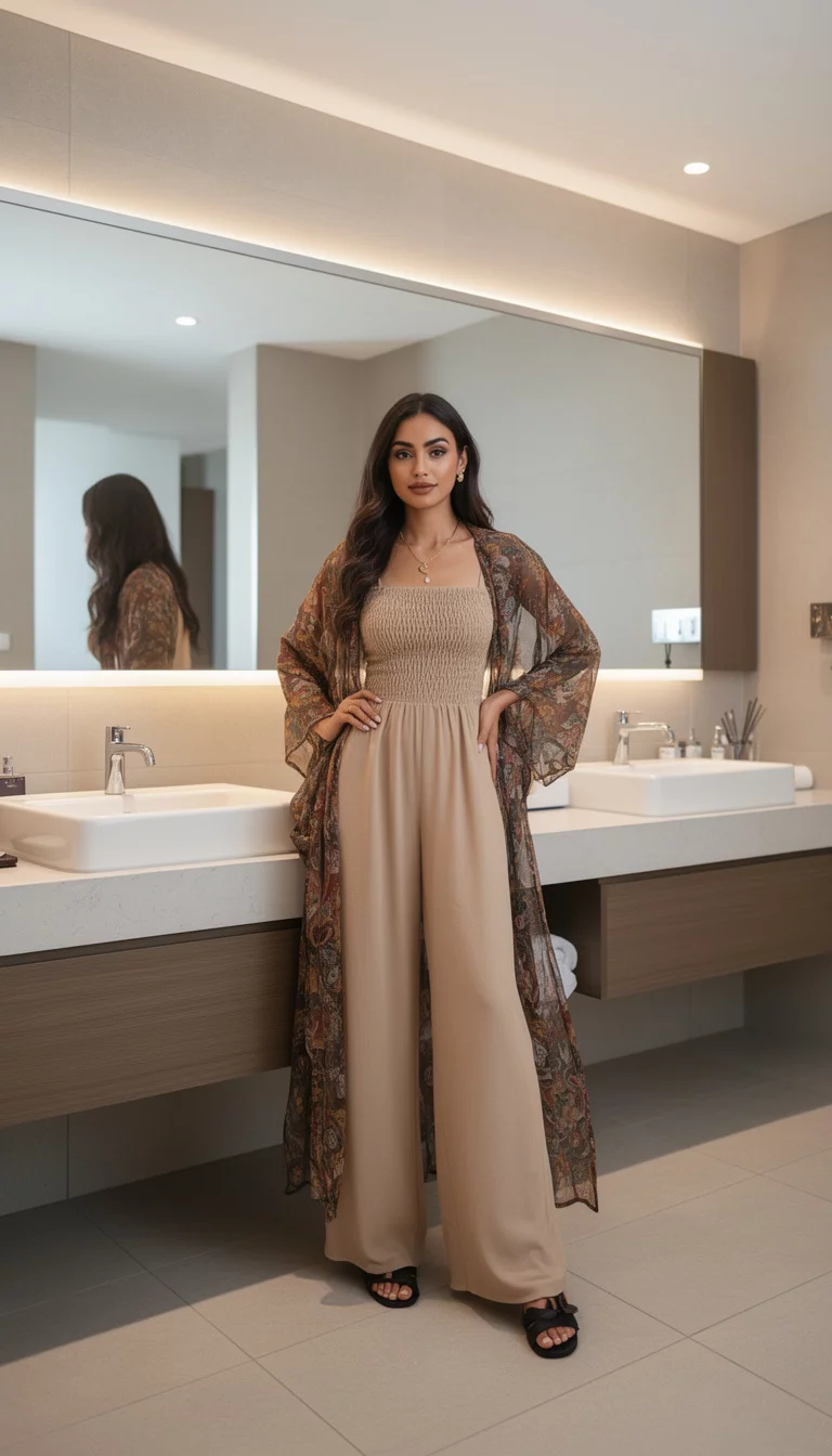 A beautiful woman in a beige smocked-bodice wide-leg jumpsuit, dark sandals, and a long patterned sheer kimono draped over her shoulders, posing in a modern restroom.