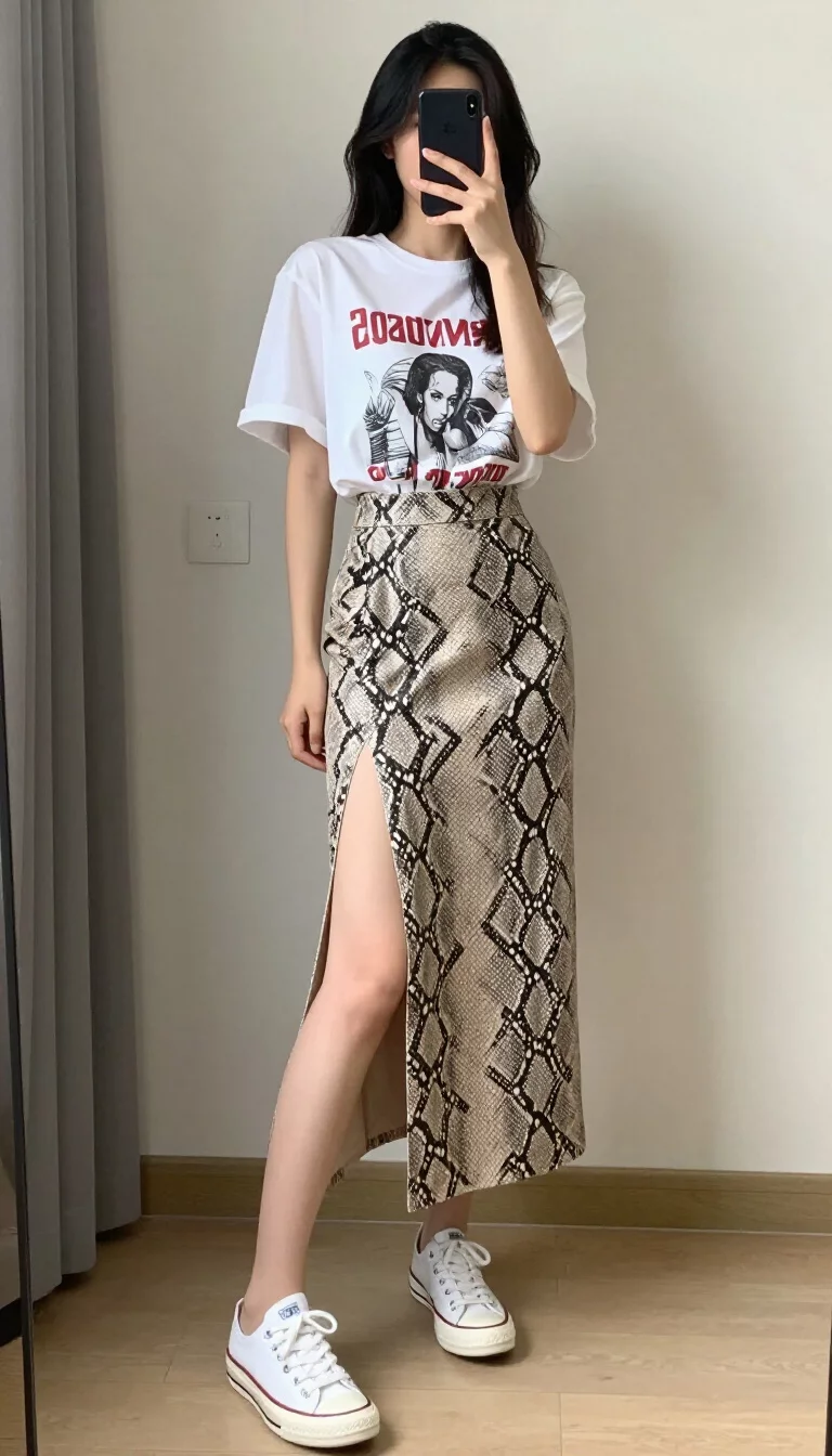 A beautiful woman in a white graphic t-shirt, a beige snakeskin-print maxi skirt with a high slit, and white low-top sneakers, taking a mirror selfie.