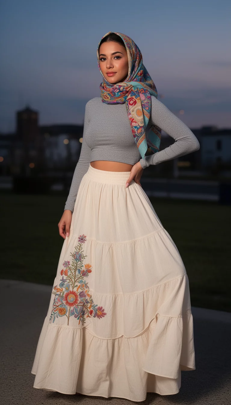 A beautiful woman in a colorful print headscarf, a fitted grey long-sleeve crop top, and a tiered cream-colored maxi skirt with embroidery, posing outside at dusk.