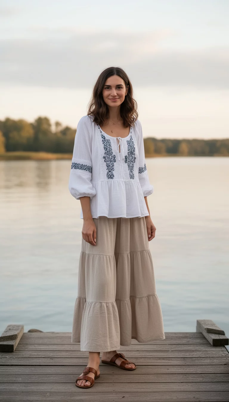 A beautiful woman stands on a wooden dock by water in a white bohemian peasant blouse with embroidered details, a long beige tiered skirt, and brown sandals.