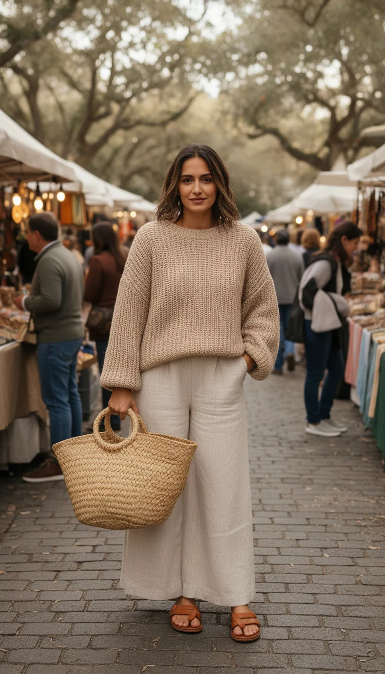A beautiful woman at an outdoor market wearing an oversized chunky knit beige sweater, wide-leg pale linen trousers, and brown flat sandals while holding a large straw bag.