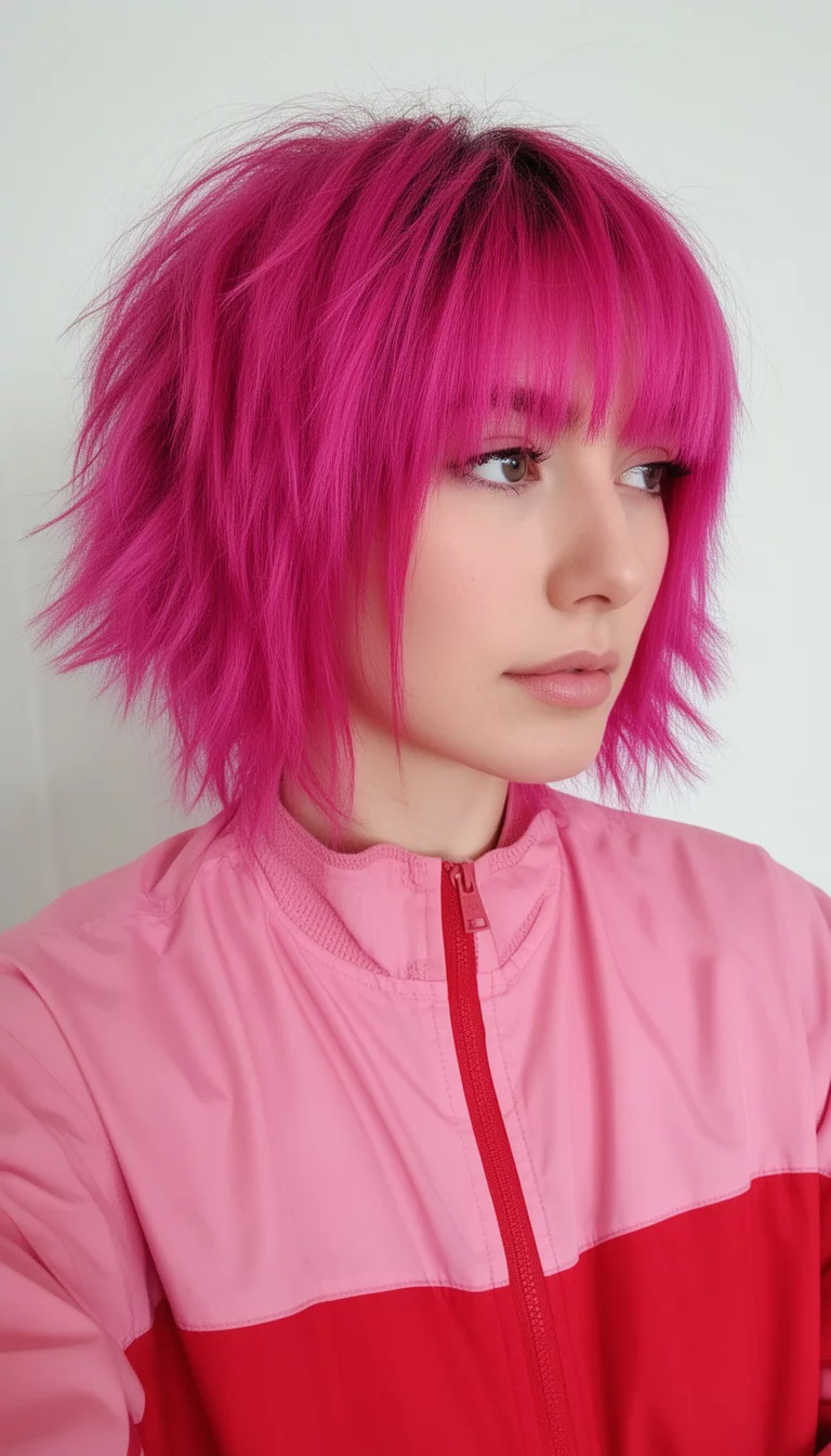 selfie of a 25-year-old woman wearing a two-toned pink and red jacket with a bright pink and magenta colored choppy layered hairstyle with choppy fringe, side view, minimal background
