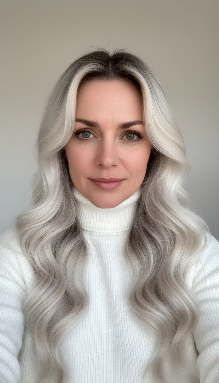 selfie of a 37-year-old woman wearing a white turtleneck sweater with a bright platinum blonde colored long wavy hairstyle with darker roots, front view, minimal background