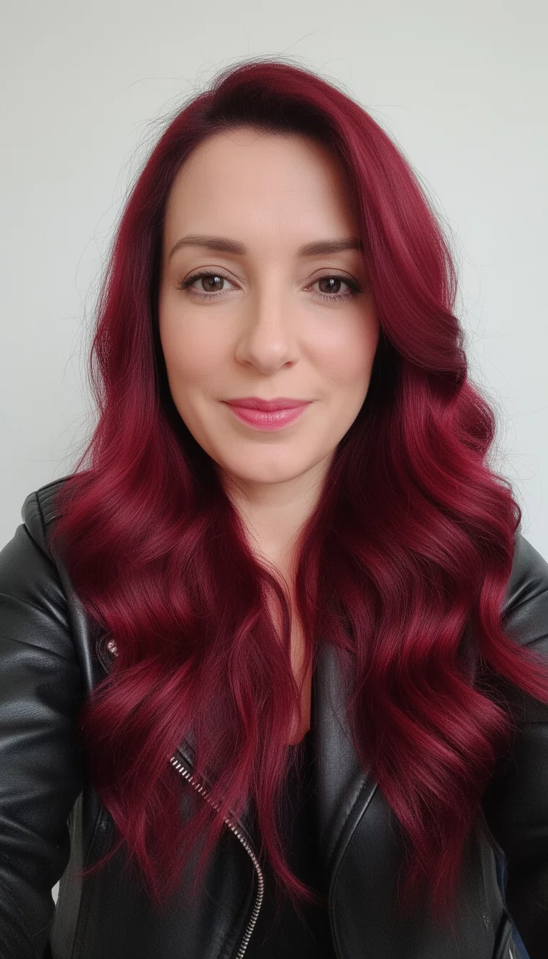 selfie of a 39-year-old woman wearing a black leather jacket with a deep red colored long wavy hairstyle, front view, minimal background