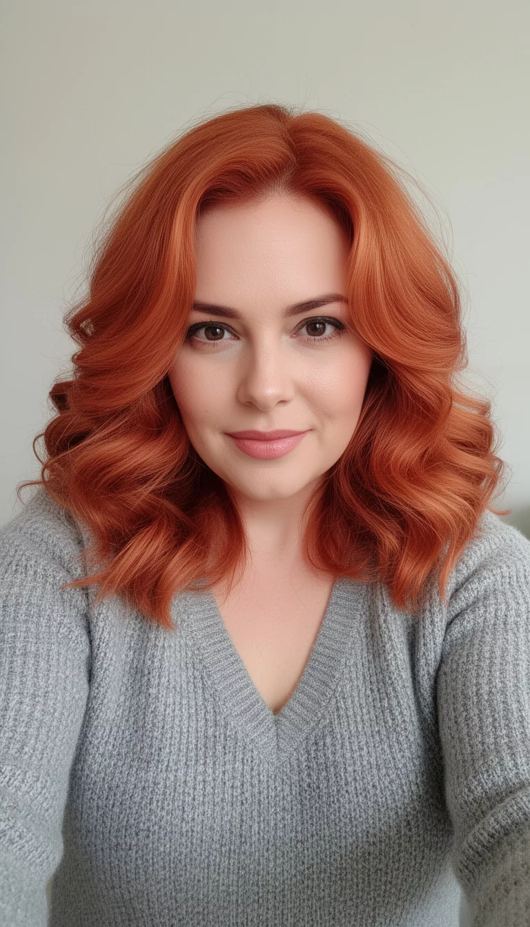 selfie of a 32-year-old woman wearing a grey knit v-neck top with a warm copper-red colored medium-length voluminous wavy hairstyle, front view, minimal background