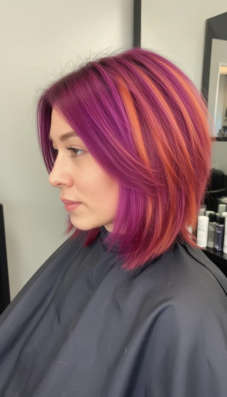selfie of a 28-year-old woman wearing a dark salon cape with a purple magenta and orange/pink colored medium-length hairstyle, side view, minimal background