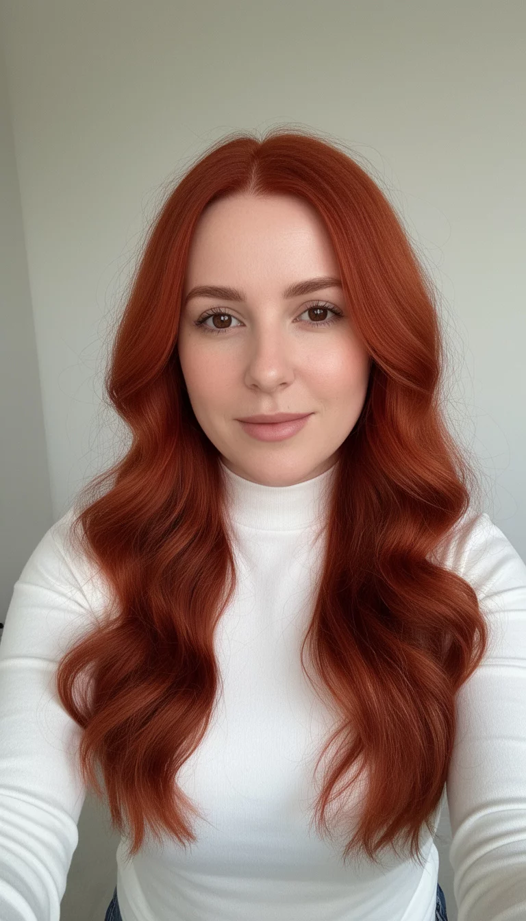 selfie of a 30-year-old woman wearing a white high-neck top with a vibrant auburn colored long wavy hairstyle, front view, minimal background