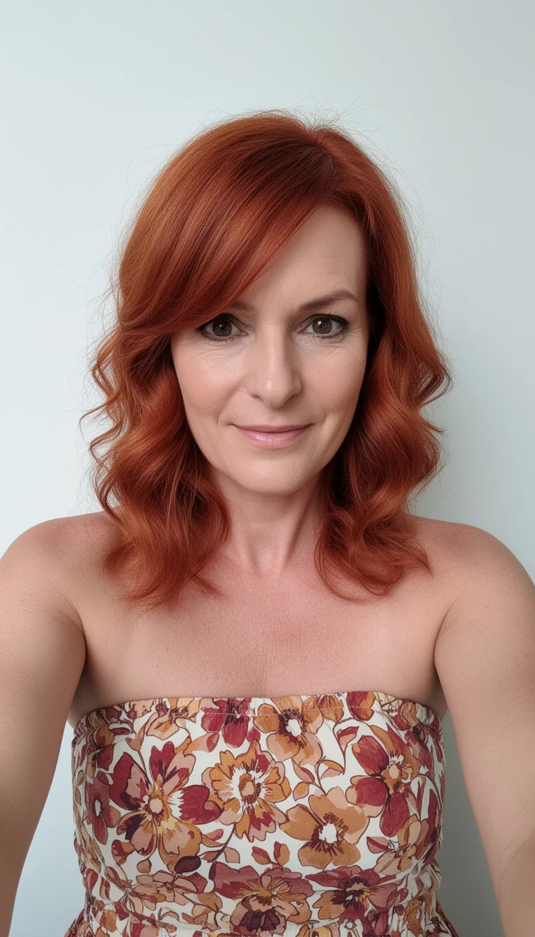 selfie of a 45-year-old woman wearing a floral strapless top with a copper-red colored medium-length wavy hairstyle with side-swept bangs, front view, minimal background