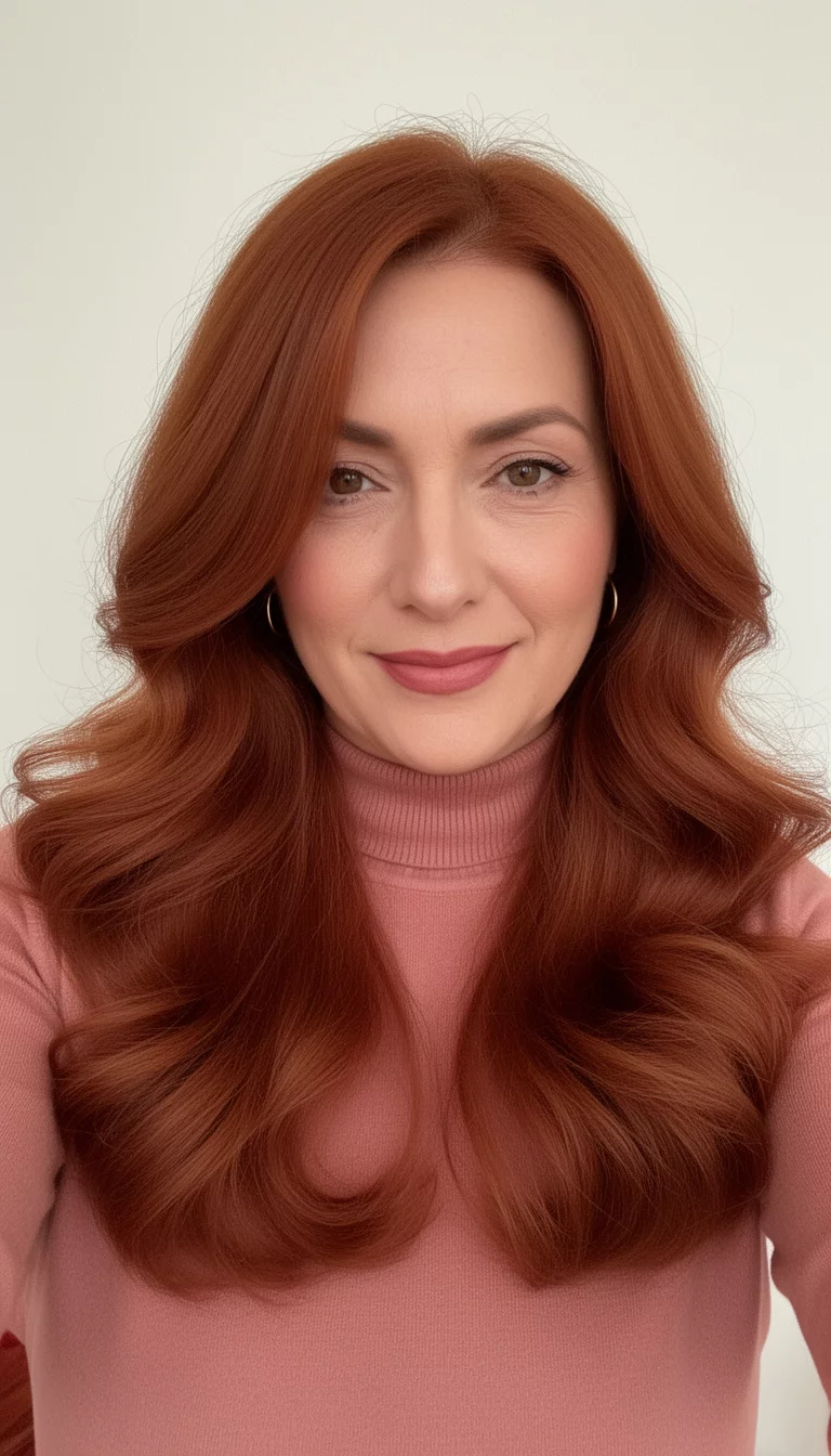 selfie of a 41-year-old woman wearing a dusty rose turtleneck with a rich auburn colored long voluminous hairstyle with soft waves, front view, minimal background