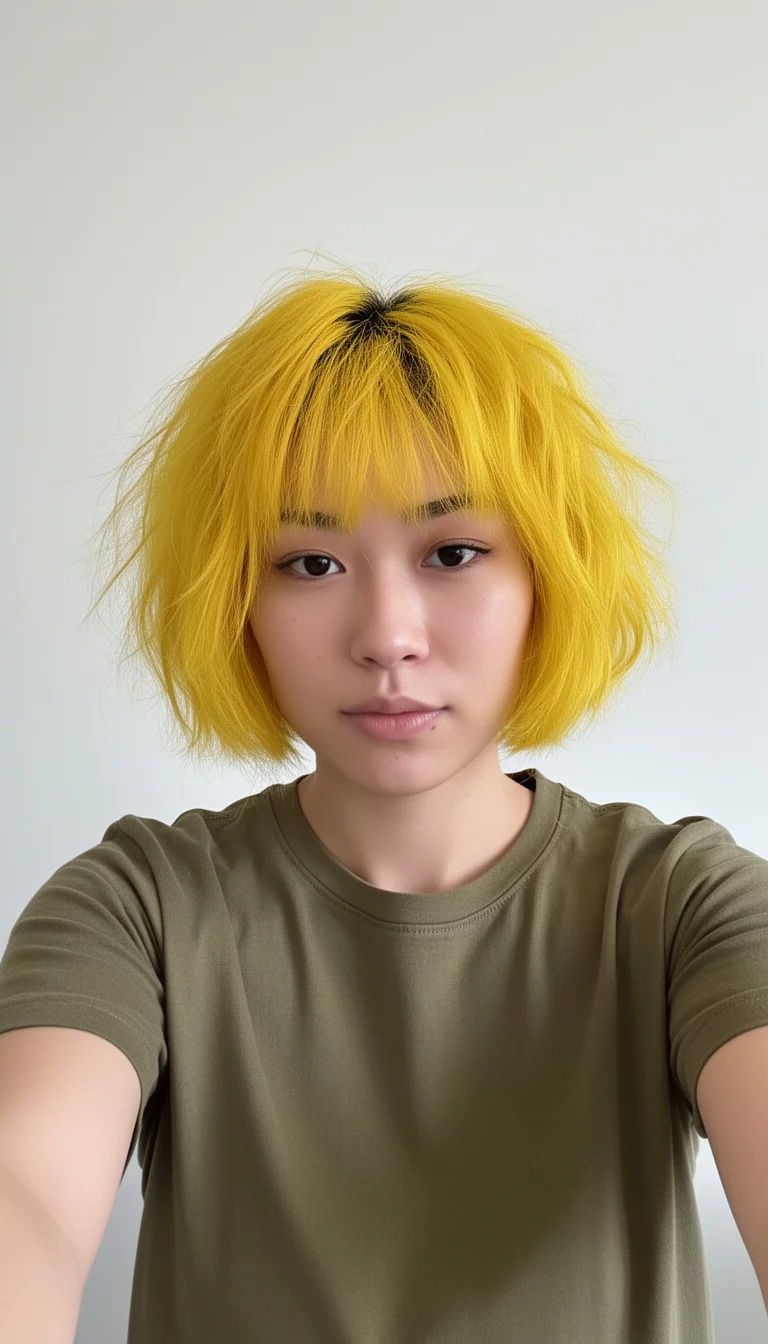 selfie of a 24-year-old woman wearing an olive green t-shirt with a bright yellow colored short messy bob hairstyle, front view, minimal background