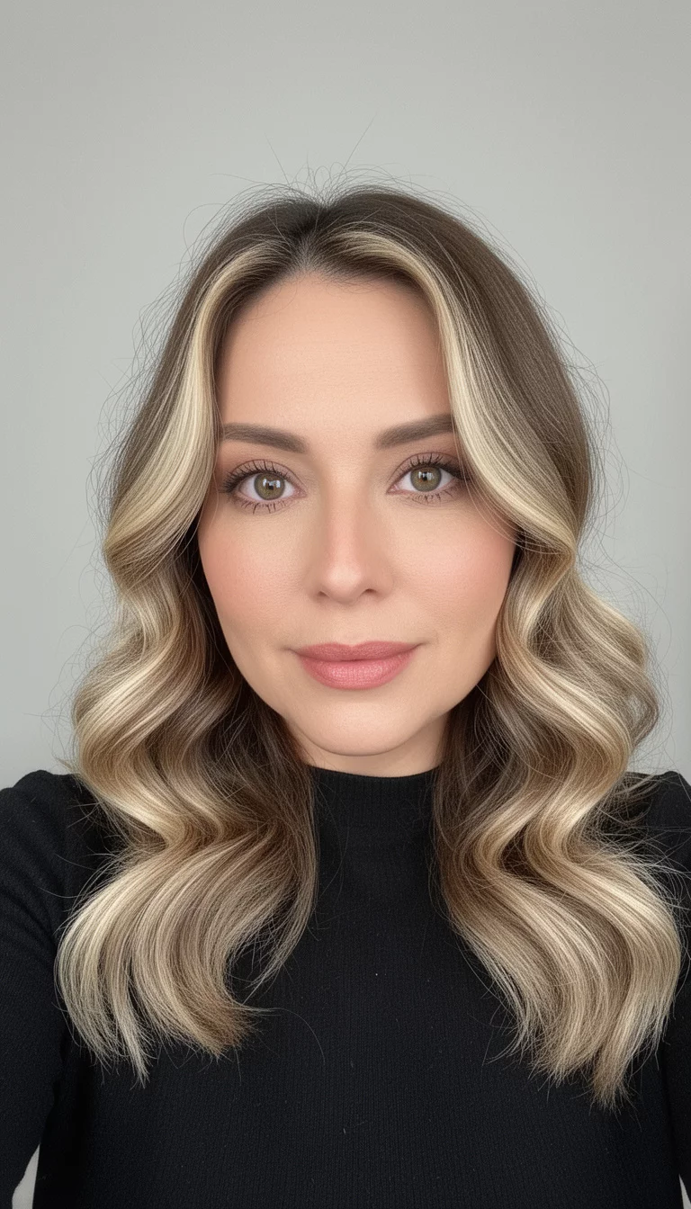 selfie of a 34-year-old woman wearing a black top with a light brown with blonde face-framing highlights colored soft waves hairstyle, front view, minimal background