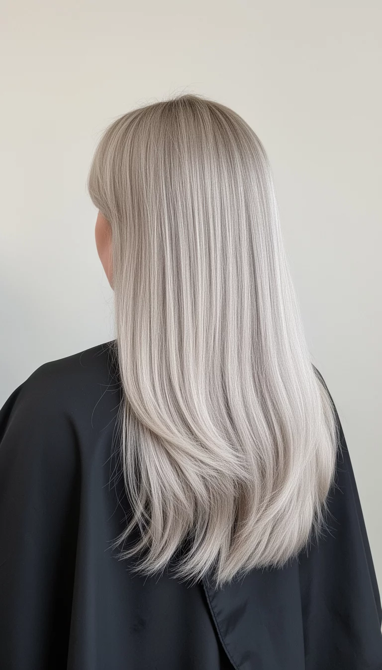 selfie of a 42-year-old woman wearing a black styling cape with a light ash-blonde colored long straight hairstyle with soft layers, back view, minimal background