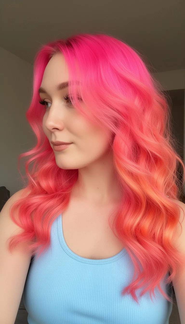 selfie of a 27-year-old woman wearing a light blue tank top with a bright pink and orange ombre colored loose waves hairstyle, side view, minimal background