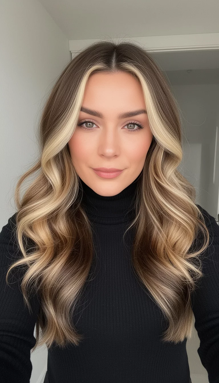 selfie of a 33-year-old woman wearing a black turtleneck with a medium brown with bold blonde highlights colored long wavy hairstyle, front view, minimal background