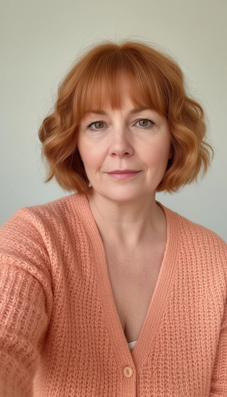 selfie of a 47-year-old woman wearing a textured peach cardigan with a ginger/light auburn colored short wavy hairstyle with soft bangs, front view, minimal background