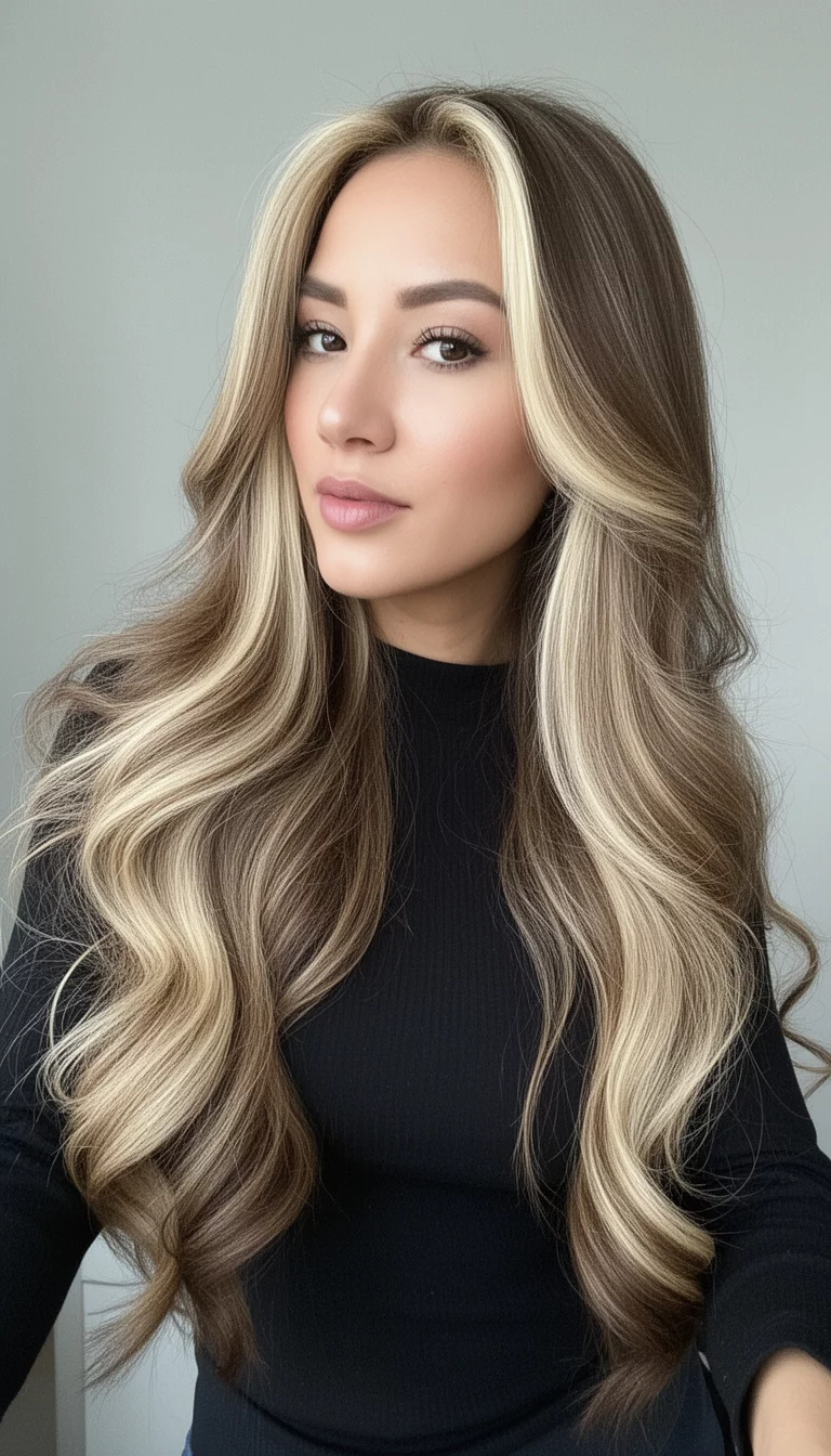 selfie of a 31-year-old woman wearing a black top with a brown with thick blonde highlights colored very long voluminous hairstyle, side view, minimal background