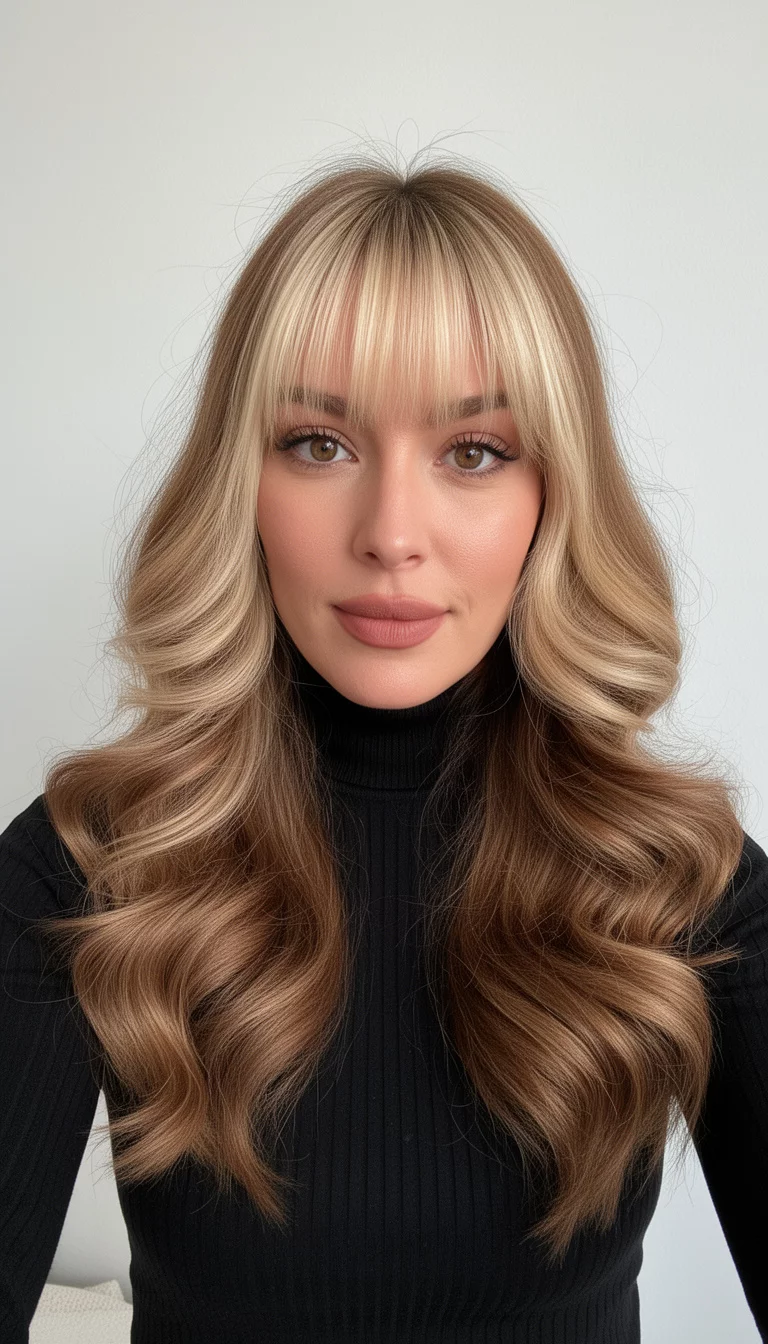 selfie of a 29-year-old woman wearing a black turtleneck top with a brown with bright blonde curtain bangs colored long voluminous waves hairstyle, front view, minimal background