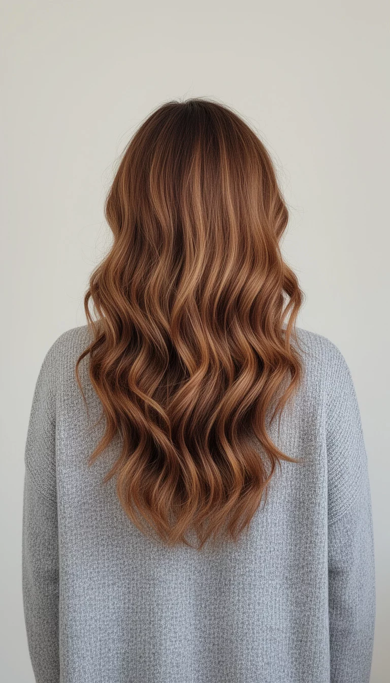 selfie of a 38-year-old woman wearing a grey cardigan with a honey-toned brown colored long wavy hairstyle with layers, back view, minimal background