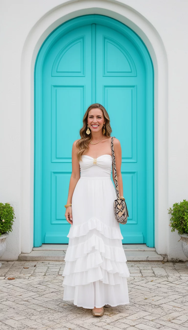 A beautiful woman in a white strapless ruffle maxi dress, gold accessories, and a patterned shoulder bag, she stands smiling in front of a bright turquoise arched doorway outdoors.