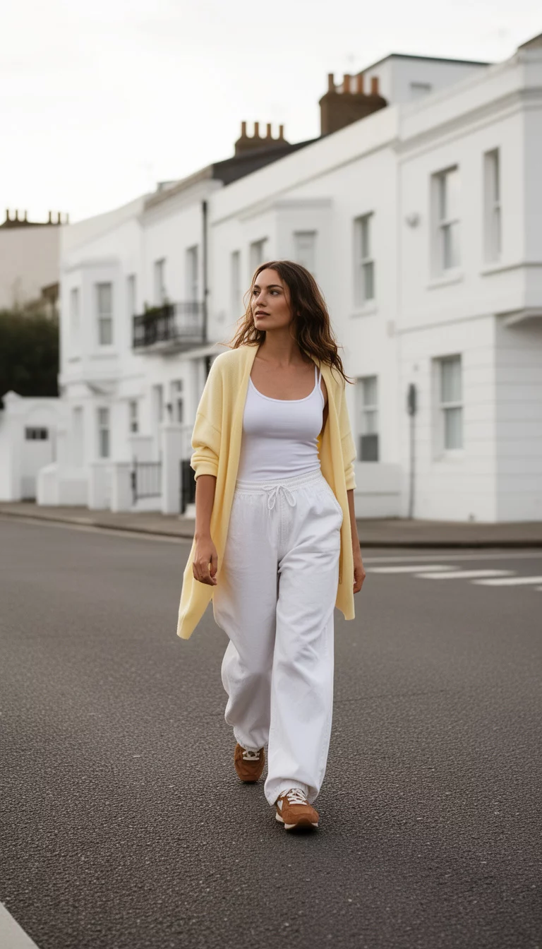 A beautiful woman wearing a white tank top, a loosely draped pale yellow cardigan, baggy white wide-leg pants, and brown sneakers, she walks across a street in front of white buildings.