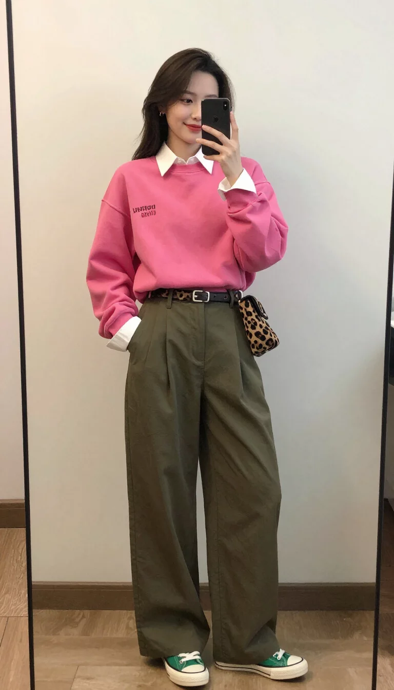 A beautiful woman in a bright pink sweatshirt over a white collared shirt, olive green wide-leg pants, leopard print belt bag, and green sneakers, she takes a selfie in front of a mirror indoors.