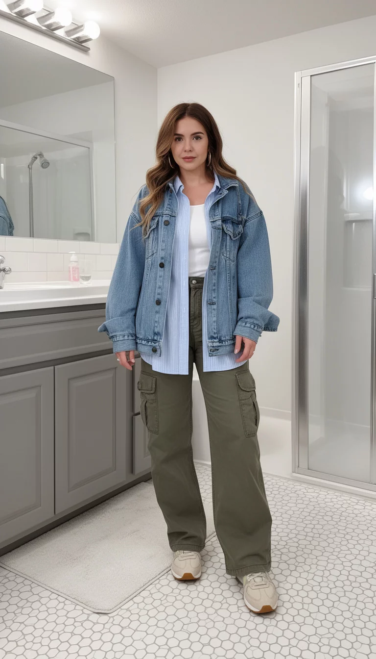 A beautiful woman in a white crew neck top, light blue striped button-down shirt, tucked under a medium wash oversized denim jacket, with olive cargo pants and pale sneakers, she is in a bathroom.