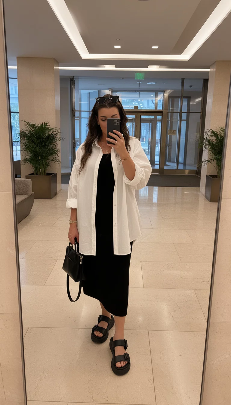 A beautiful woman in a black midi dress, an oversized white button-down shirt, black chunky sandals, and sunglasses, she takes a mirror selfie in a building lobby.