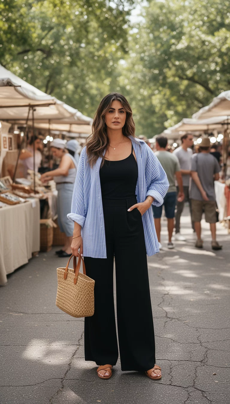 A beautiful woman in a black tank top, wide-leg black pants, a blue and white striped oversized shirt, and tan sandals, she carries a straw tote bag outdoors at a market.