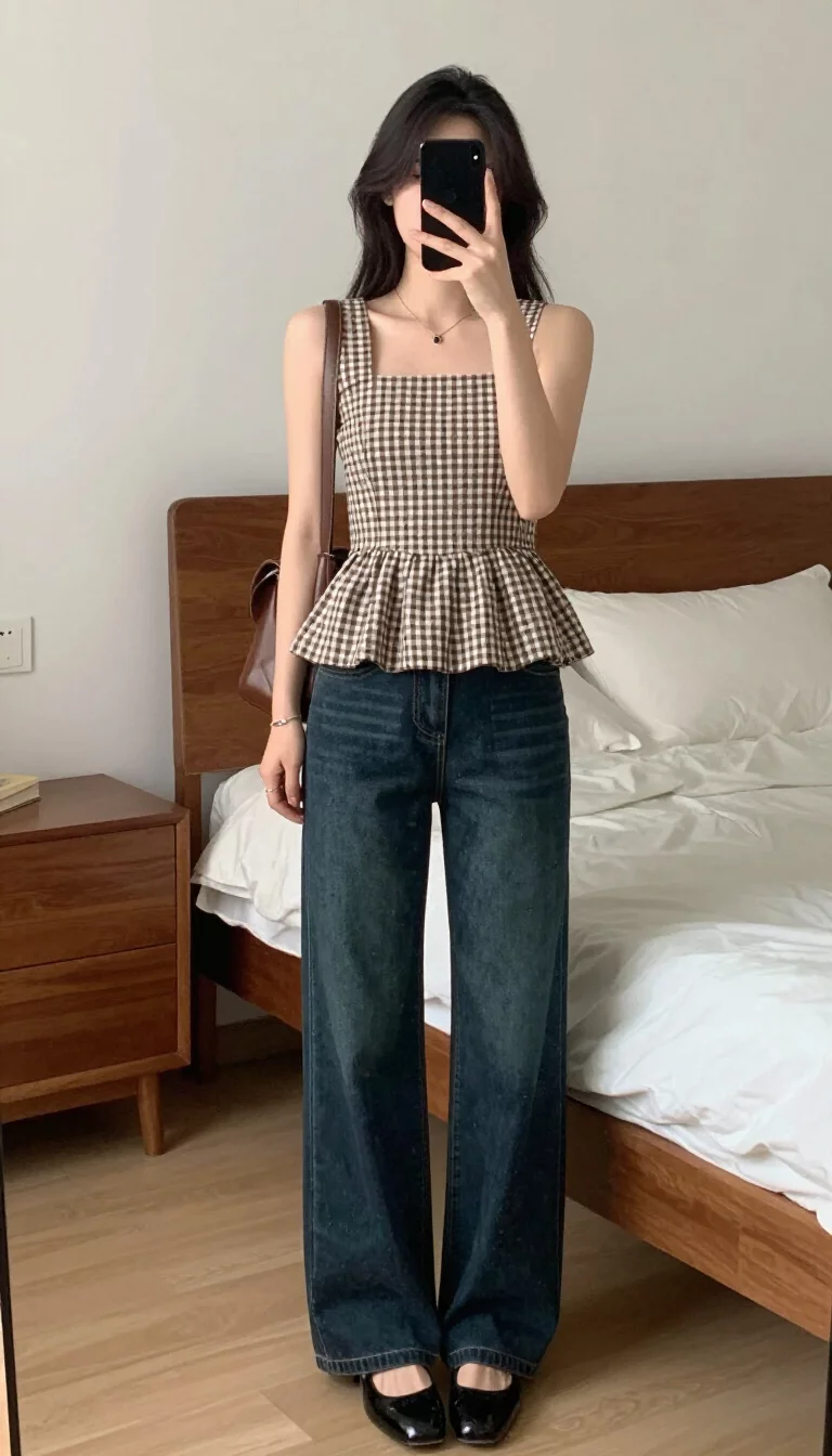 A beautiful woman in a brown gingham peplum top, dark wash wide-leg jeans, and shiny black flats, selfie in her bedroom.