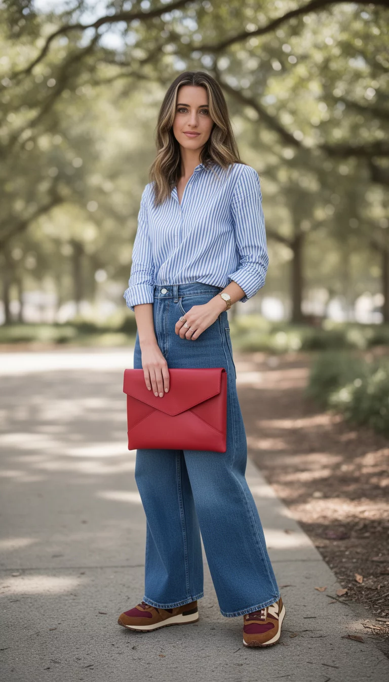A beautiful woman in a blue and white striped button-down shirt, wide-leg blue jeans, and unique brown and maroon sneakers, she holds a large red leather envelope clutch outdoors.