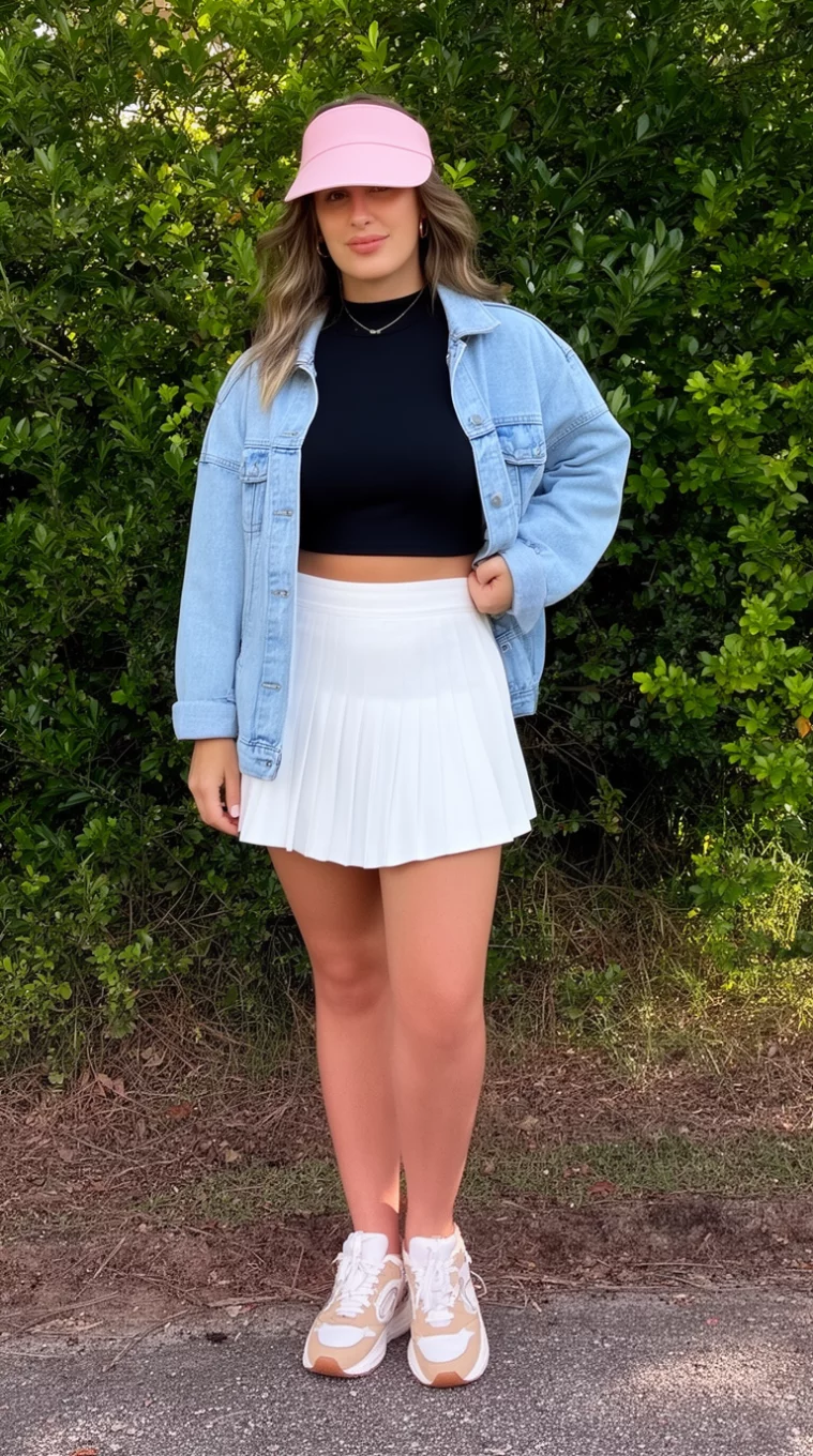 A beautiful woman wearing a black crop top, white pleated mini skirt, light wash denim jacket, light pink visor cap, and white and tan sneakers, she stands outside near greenery.
