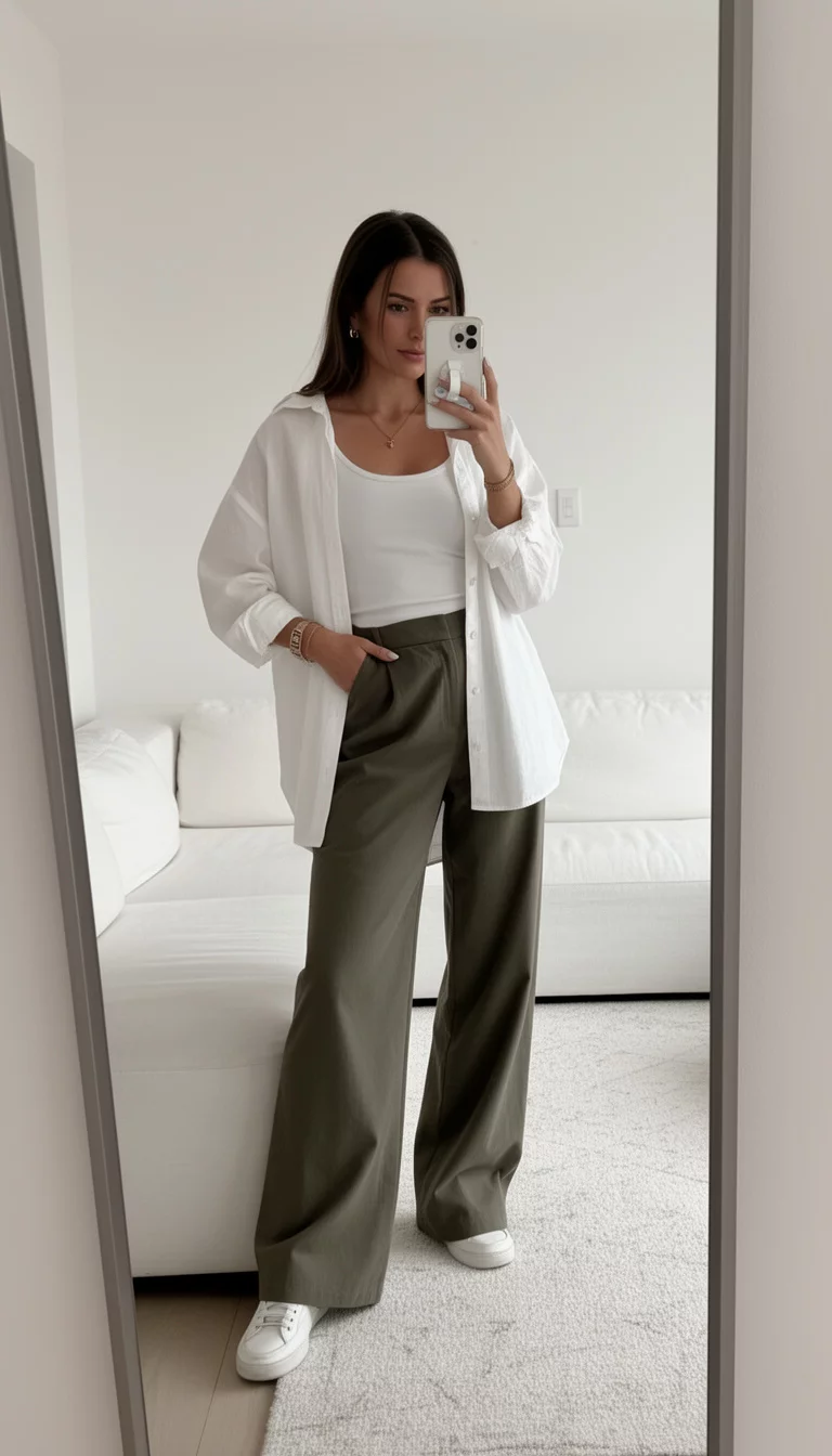 A beautiful woman in a white tank top, oversized white button-down shirt, olive green wide-leg trousers, and white sneakers, she takes a mirror selfie indoors near a white couch.